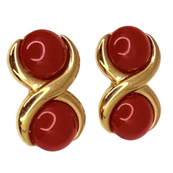 Vintage Napier Signed Cherry Red Earrings 3/4" Gold Tone Pierced Enamel - Picture 2 of 10
